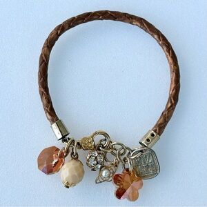 Braided Leather Bracelet with Glass Art and Rhinestones Biz Art Brand 7.5”